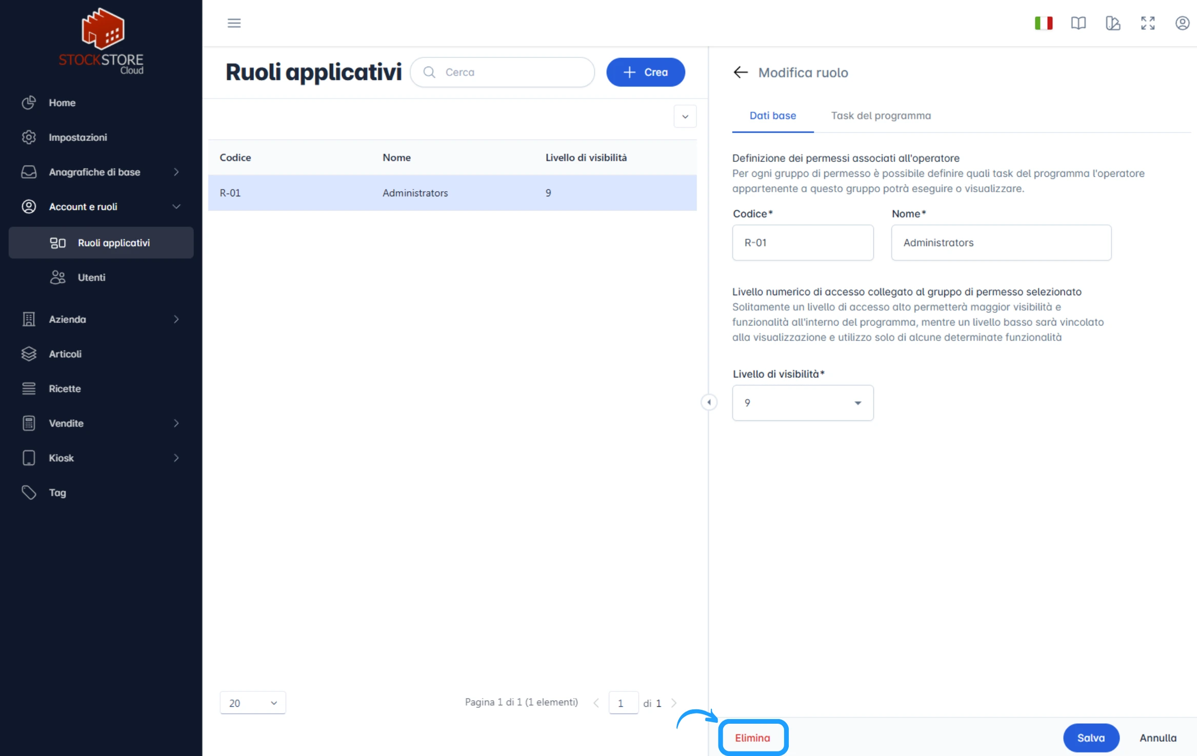 Ruoli applicativi cancella - nuovo_StockStore Cloud WIki