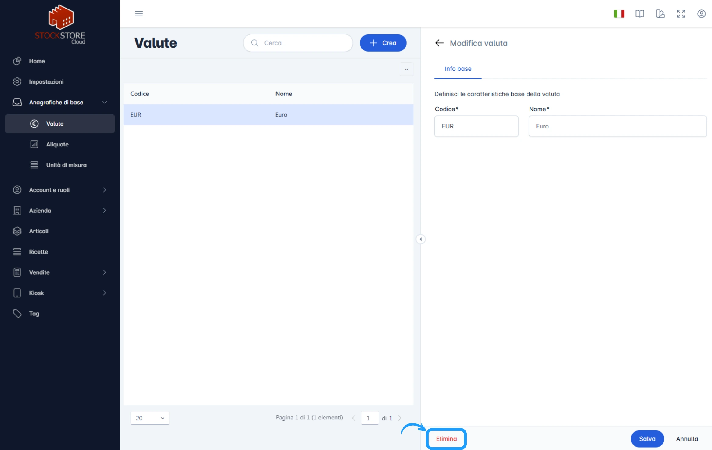 Cancella valute StockStore Cloud Wiki