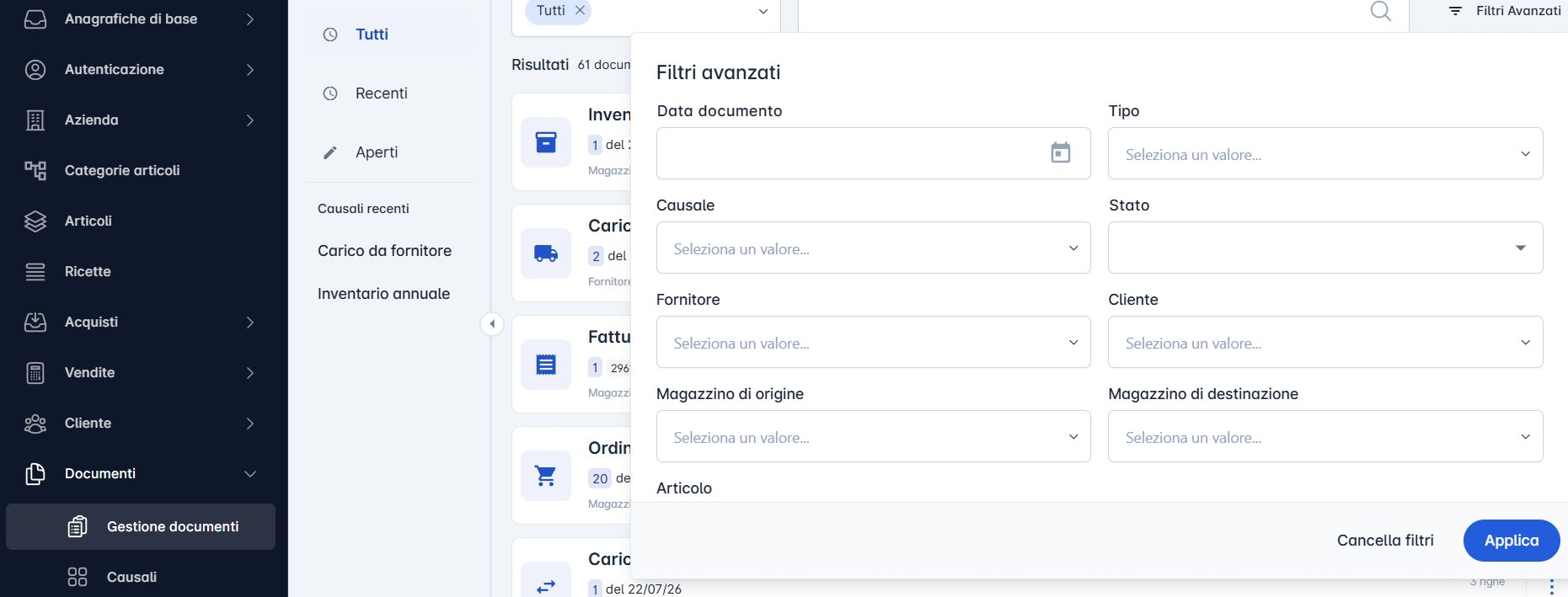 gestione documenti_filtri avanzati_stockstore