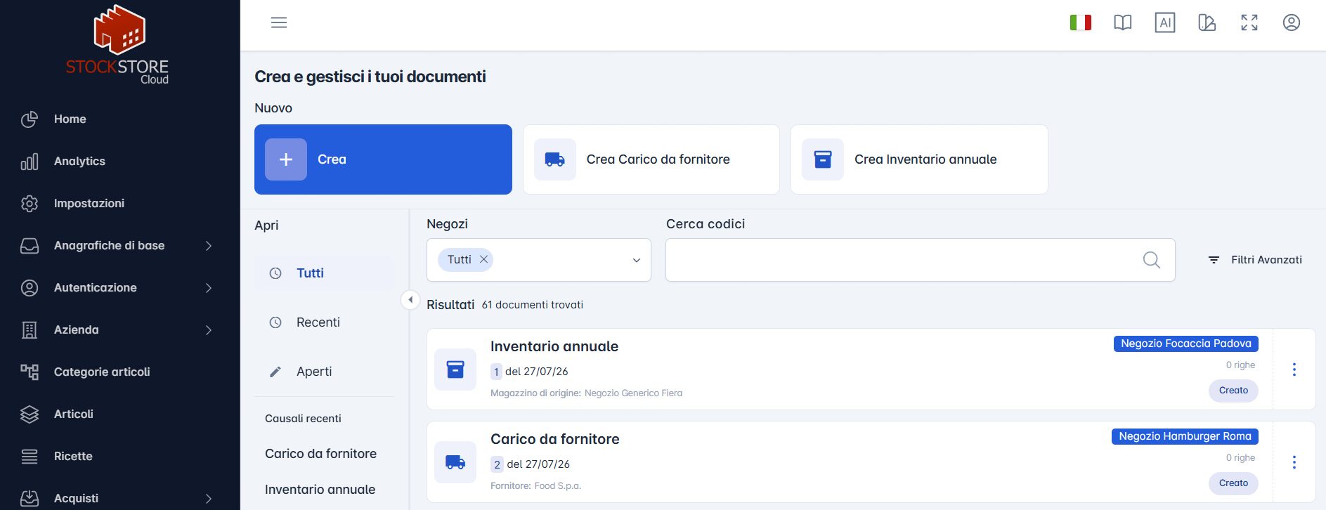 gestione documenti_filtri_stockstore