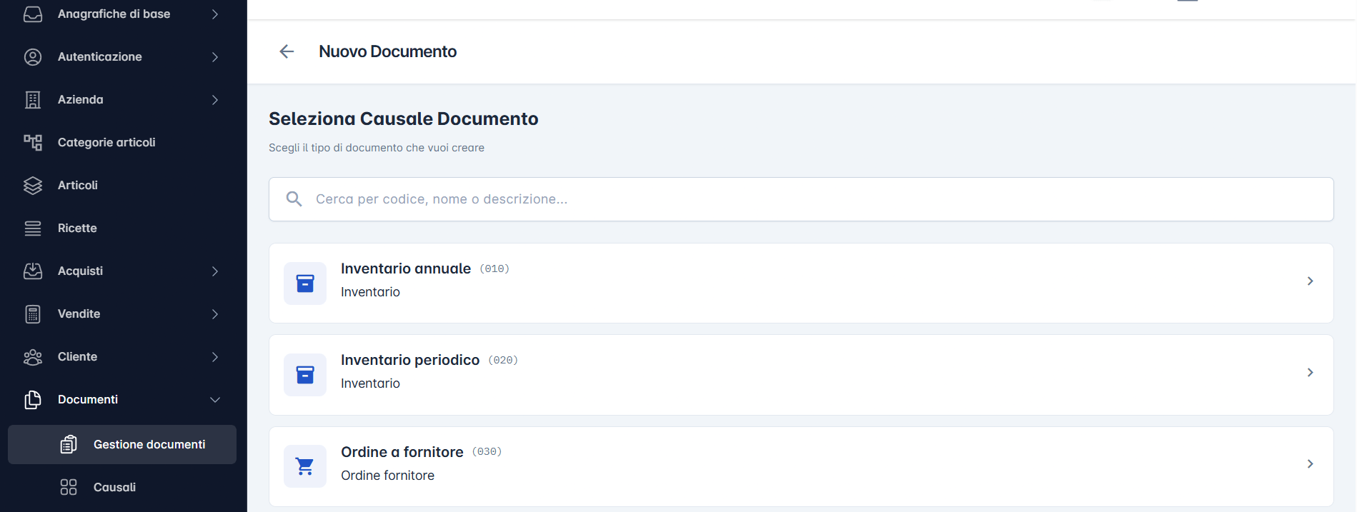 gestione documenti_selezione causali_stockstore